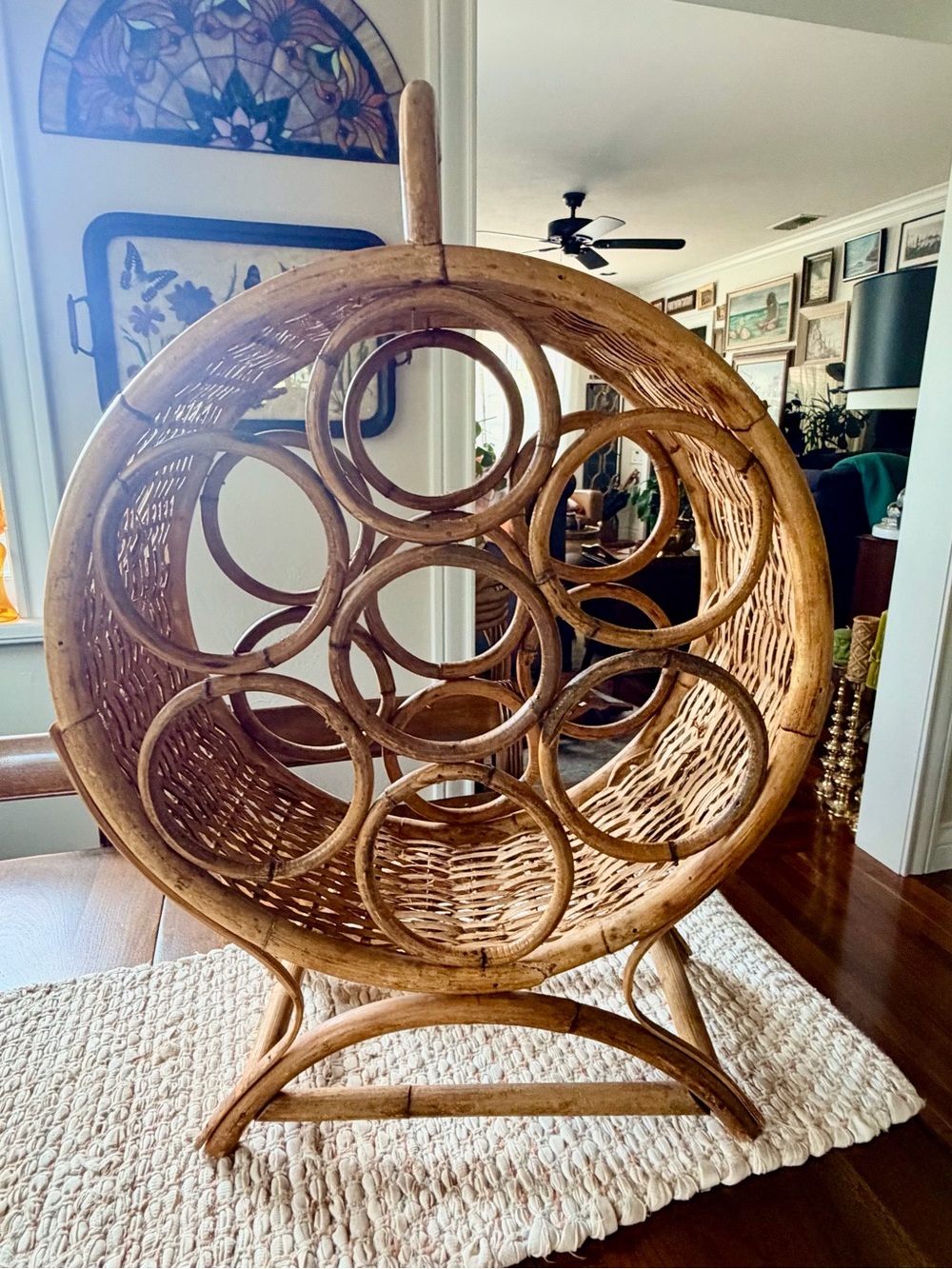 Vintage Coastal Boho Rattan Sculptural Bamboo 7-Bottle Wine Rack